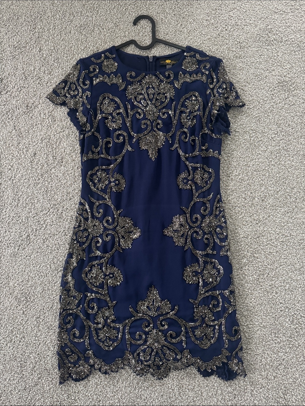 Navy Short Sleeve Sequin-Embellished Mini Dress